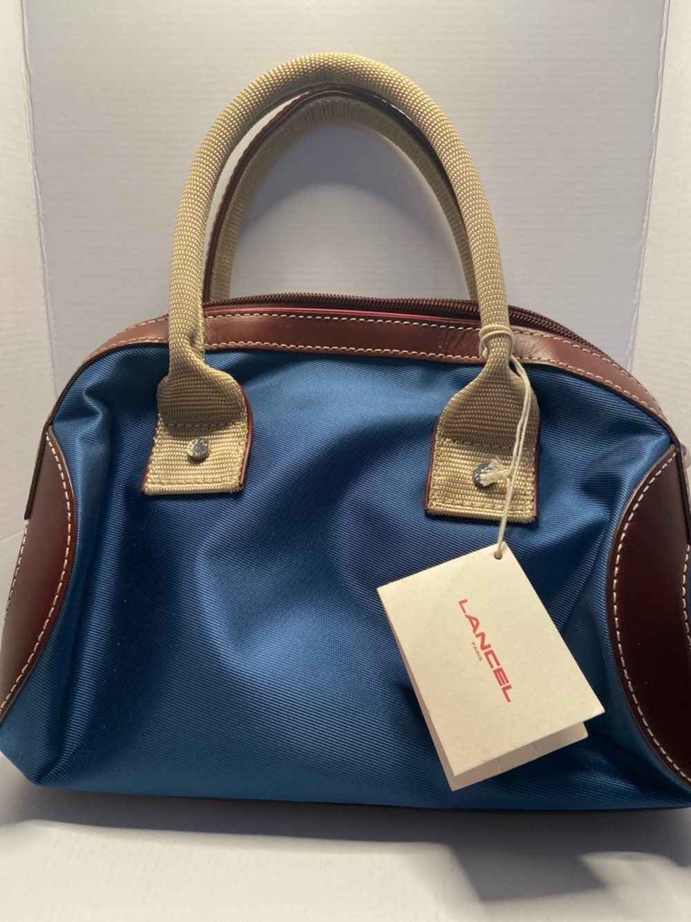 Lancel Blue Nylon Satchel with Beige Handles and Brown Trim
